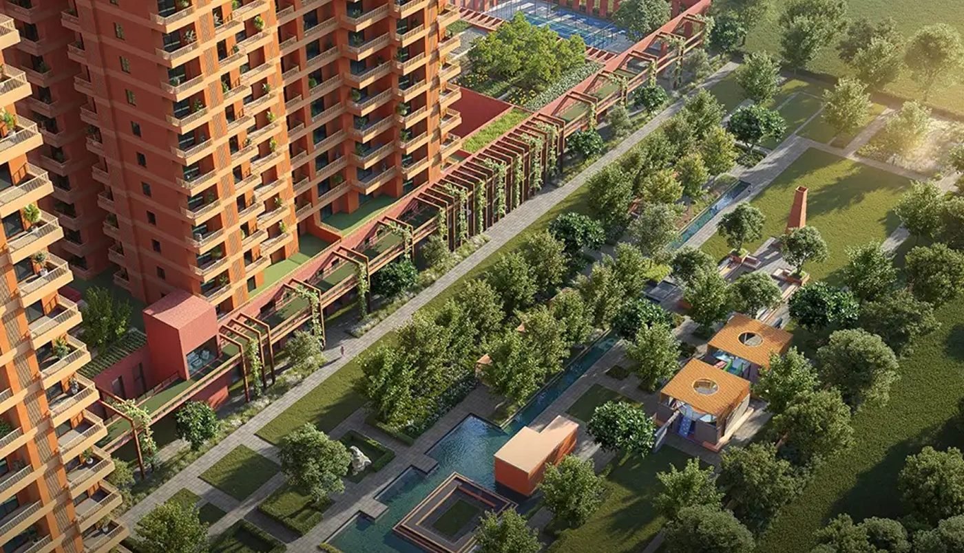 Aerial view of gardens and water features